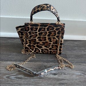 Leopard Print Top-Handle Bag with Gold Chain Strap